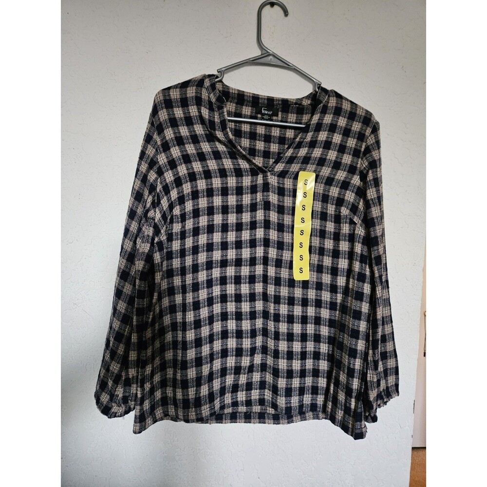 Felina Plaid V-Neck Long Sleeve Blouse Navy Beige Size S Women’s Fall Winter